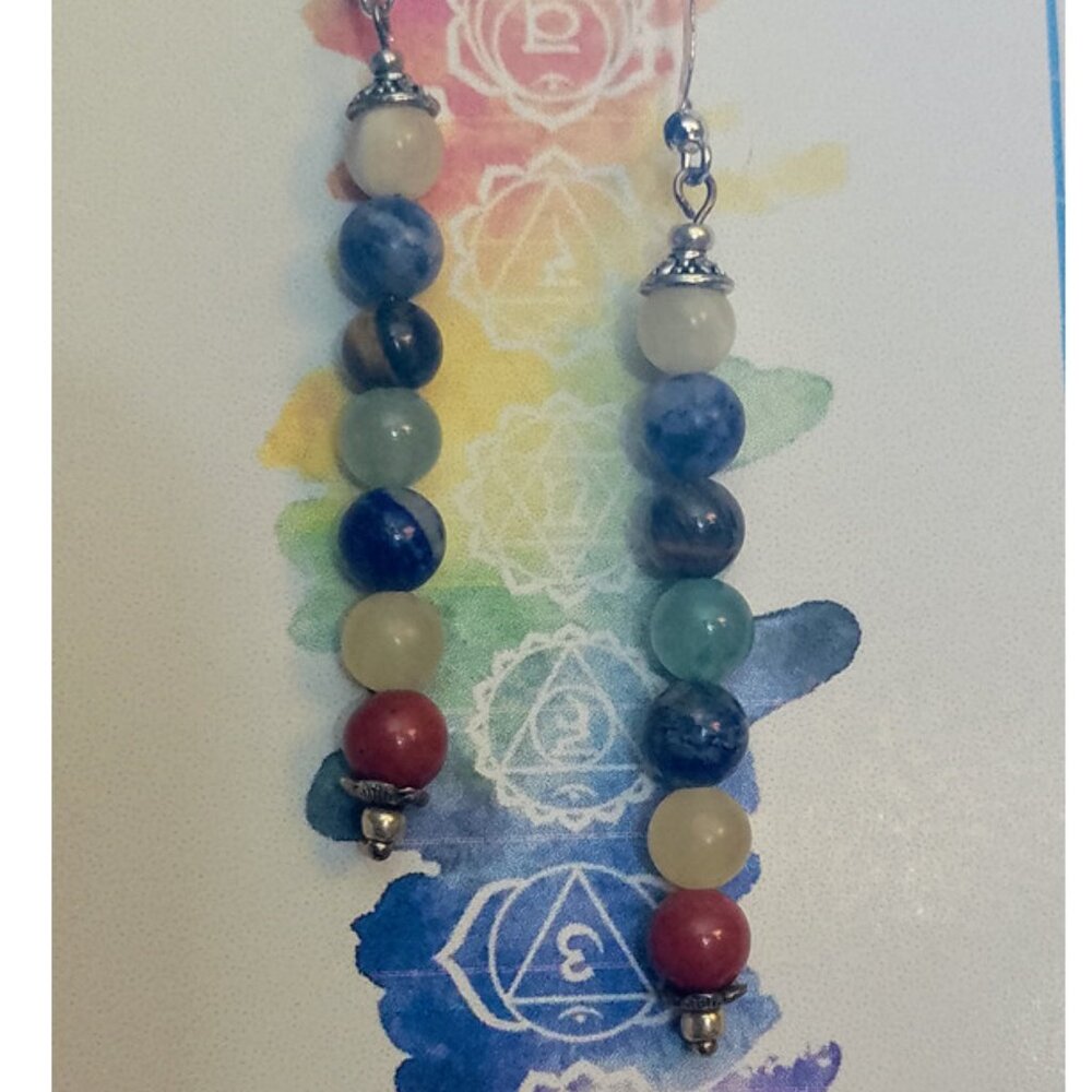 CHAKRA STONES EARRINGS, SILVERY BALI STYLE ACCENTS - Picture 4 of 7